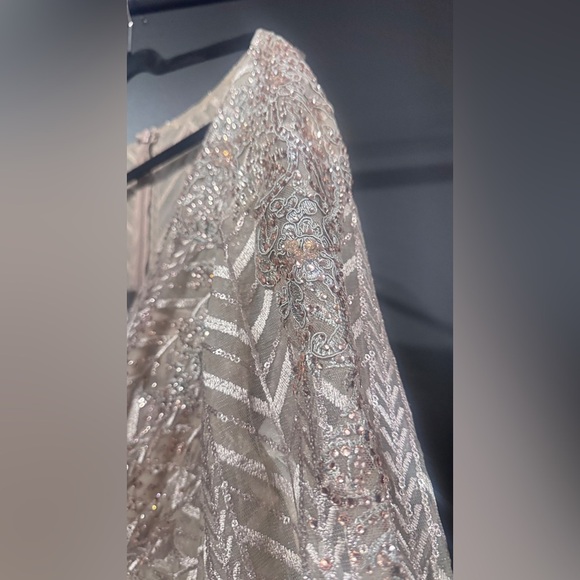 Mac Duggal Beige/Taupe Embellished Illusion Long Sleeve Wrap Over A Line Gown - Picture 9 of 12